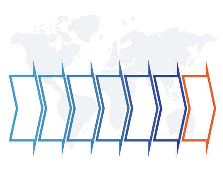 Timeline Infographic of blue and orange arrows on map for 7 positions can be used for workflow, banner, diagram, web design, area chart.の写真素材
