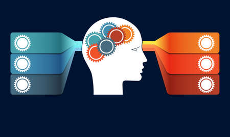 Infographic with gears in head, and colorful strips. Template with 6 options used to conceptual variants for projects.の写真素材