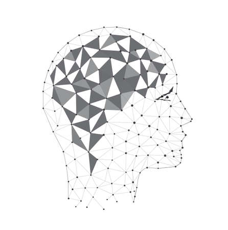 Concept of thinking human, visualization of process of thinking. Silhouette of polygonal head and brain. Black and white.の写真素材