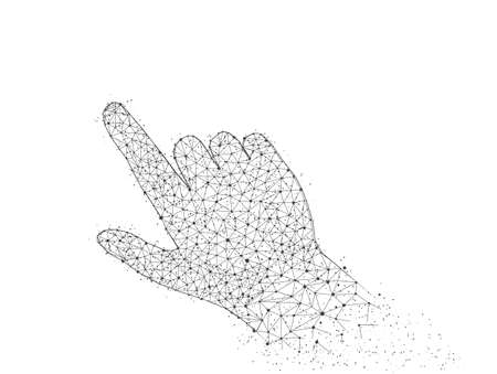 Index finger touching abstract space. Polygonal illustration from triangles and points on white backgroundの写真素材
