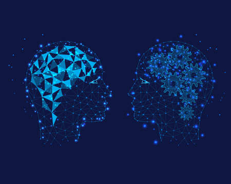 Gear wheels and brain, rational and creative thinking people. Concept of thinking human, visualization of process of thinking, the birth of thoughts. Polygonal illustration of triangles and points on blue background.の写真素材