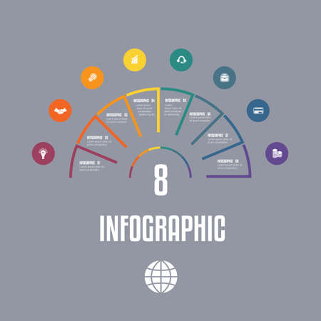 Infographic Template from colourful lines Semicircle with text areas on eight 8 positions.のイラスト素材