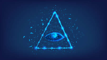 Polygonal eye in the pyramid of 1 dollar bill. Dollar USA, pyramid, Eye of Providence. Macro.  Background of beautiful dark blue night sky. Low poly. Concept of business.の写真素材