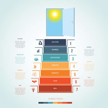 Template infographics. Steps staircase to the open door. Business success startup. Vector illustration for 7 positions, possible to use for workflows, banners, diagrams, web designs, timelines, area charts, number optionsのイラスト素材