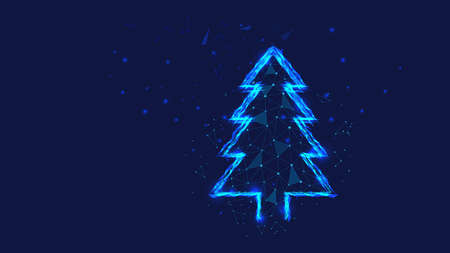 Silhouette of Christmas tree from polygons. New Year holidays concept. Background of beautiful dark blue night sky. Low poly.の写真素材