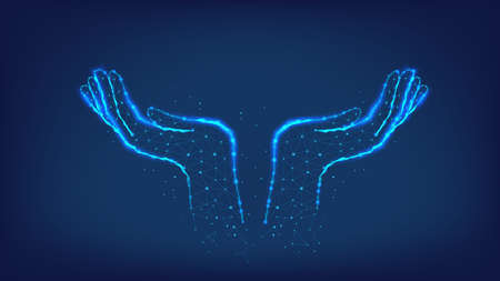 Hands palms up, from triangles and luminous points. Background of beautiful dark blue night sky. Polygonal illustration. Low poly.の写真素材