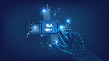 Data mining  concept. Chip and hand from triangles and points on dark blue background.のイラスト素材