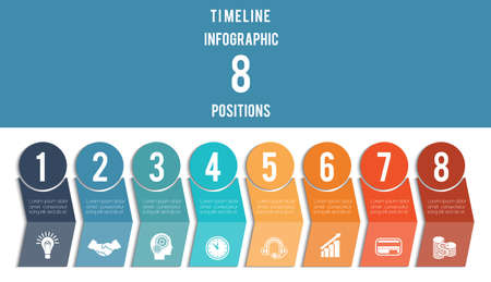 Template for  Infographic. Timeline of colored arrows and numbered circles.  Design for 8 position can be used for workflow, banner, diagram, web design, area chartのイラスト素材