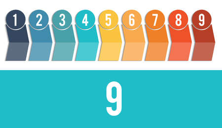 Timeline of colored arrows and numbered circles.  Design for 9 position. Template for  Infographic. の写真素材