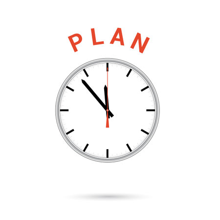 Vector illustration of clock icon. Red arrow points to word PLAN. Conceptual icon.