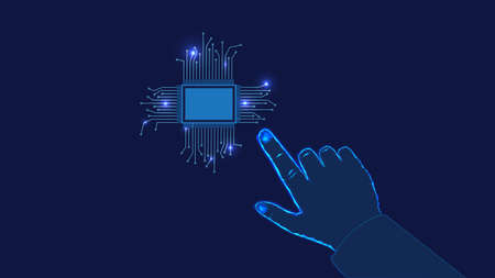 Data mining concept. Chip and hand. Dark blue background.