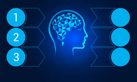 Human head, polygonal brain. Template for conceptual infographics on 3 positions. Blue background.の写真素材