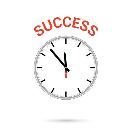 Vector illustration of clock icon. Red arrow points to word SUCCESS. Conceptual icon.