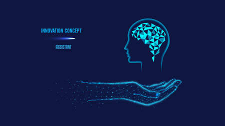 Innovation concept or human thinking, neural networks, artificial intelligence, innovative technology, and communication concept. Brain in hand. Polygonal illustrationのイラスト素材