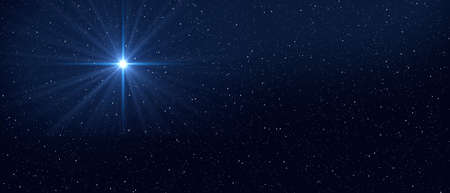 Dark blue night sky with bright star. Baner format. Christmas Star of Bethlehem Nativity, christmas...
