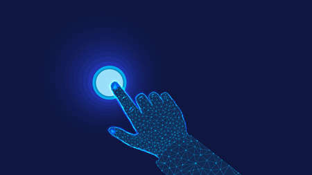 Button and polygonal hand on dark blue background. polygonal illustration. Apply now - human...