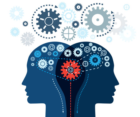 Human two heads with gears. human brain functioning concept. Uniqueness and complexity of the thought process. communicationの写真素材
