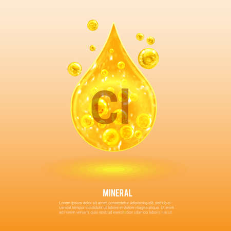 Mineral Cl. Chlorine. Mineral Vitamin complex. Golden drop and golden balls. health concept. Cl Chlorine.のイラスト素材