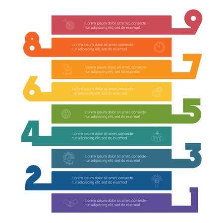 Horizontal colorful stripes infographic template 9 positions for informations. Concept Business Strategy. Universal template for projects on white background.のイラスト素材