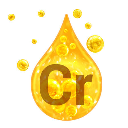 Mineral Vitamin complex. Mineral Cr. Chromium. Golden drop and golden balls Isolated on white background. health concept. Cr Chromium.の写真素材
