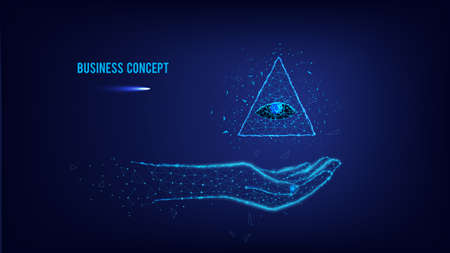 Concept of business. Polygonal pyramid on the arm. polygonal hand. blue background. Eye of Providenceのイラスト素材