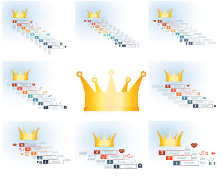 Templates Conceptual medical infographics. Steps with text areas. On top is the crown, corona. Can also be used for workflow, banner, diagram, web design, timeline, area chart, number options, step up optionsのイラスト素材