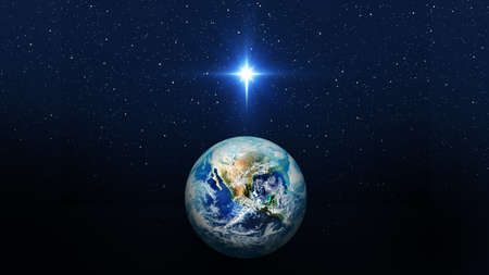 Bright star over planet earth. Christmas star of the Nativity of Bethlehem, Nativity of Jesus...