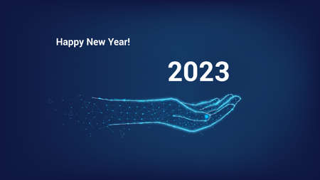 Happy New Year. 2023 in hand from triangles and points on dark blue background.のイラスト素材