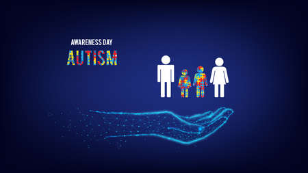 Autism awareness day. Family, mom, dad, children in polygonal hand. Puzzle Pieces. blue background.のイラスト素材