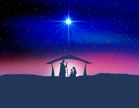 Star of Bethlehem, or the Christmas Star. Silhouettes of Jesus Christ's family. colorful skyの写真素材