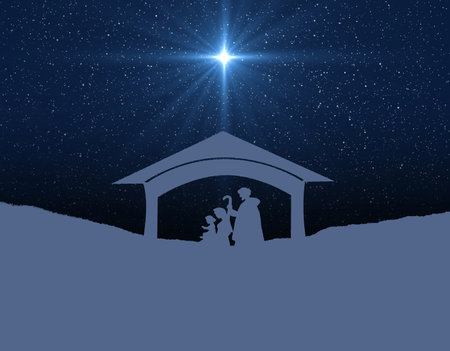 Star of Bethlehem, or the Christmas Star. Silhouettes of Jesus Christ's family in the manger Mary and Josephの写真素材