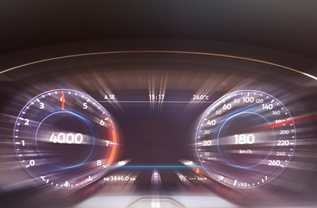 Speedometer and tachometer of modern car. Fast speed on the speedometer