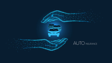 Car in the palm of your hand from triangles and luminous points on dark blue background. concept auto insurance. polygonal illustration.のイラスト素材
