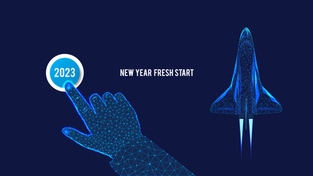 The beginning of the New Year, 2023 on the button. Start fresh New Year. polygonal hand. Clicking....