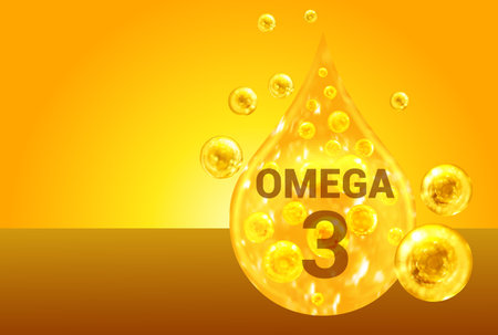 Omega 3. Golden drops with oxygen bubbles. health conceptの写真素材