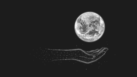 Planet Earth in white polygonal hand of triangles and points on black background. Concept of protecting the Earth, ecology, peace, travel.の写真素材
