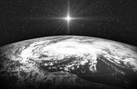 Christmas star over the Earth. Christmas of Jesus Christ. black and white.の写真素材