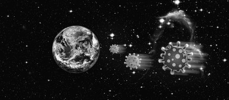 Viruses is attacking the planet Earth. starry sky. black and white.の写真素材
