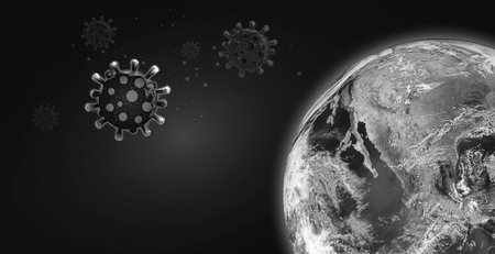 Virus is attacking the planet Earth. black and white.の写真素材