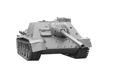 Black and white old military tank isolatedの写真素材