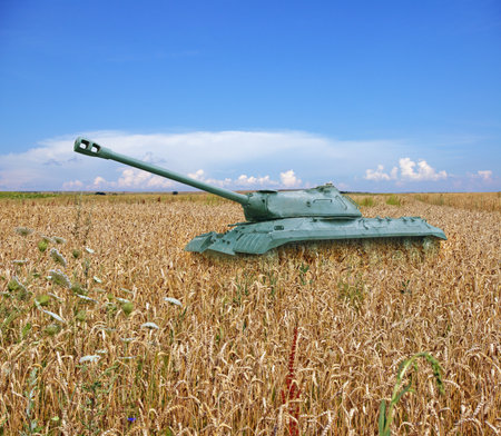 Old tank on a field of yellow wheat and blue sky with clouds on the horizon. The concept of war in Ukraineの写真素材