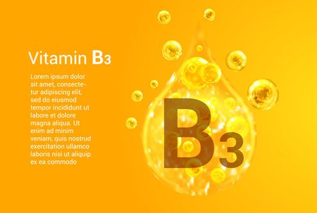 Vitamin B3. Baner with vector images of golden drops with oxygen bubbles. health concept.のイラスト素材
