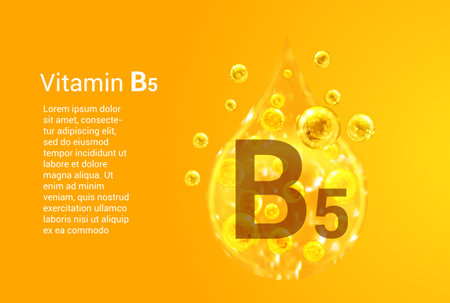 Vitamin B5. Baner with vector images of golden drops with oxygen bubbles. health concept.のイラスト素材