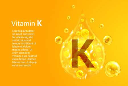 Vitamin K. Baner with vector images of golden drops with oxygen bubbles. health concept.のイラスト素材