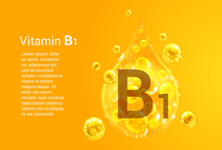 Vitamin B1. Baner with vector images of golden drops with oxygen bubbles. health concept.のイラスト素材