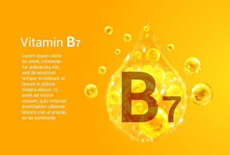 Vitamin B7. Baner with vector images of golden drops with oxygen bubbles. health concept.のイラスト素材
