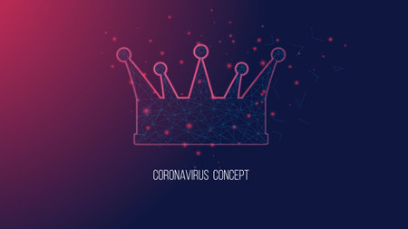 Coronavirus danger concept. Crown from triangles and luminous points. Background of beautiful dark red blue.のイラスト素材