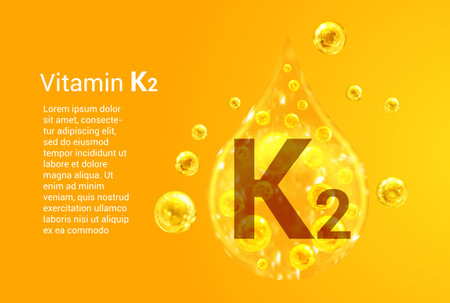 Vitamin K2. Baner with vector images of golden drops with oxygen bubbles. health concept.のイラスト素材