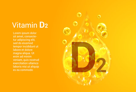 Vitamin D. Baner with vector images of golden drops with oxygen bubbles. health concept.のイラスト素材