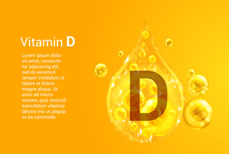 Vitamin D. Baner with vector images of golden drops with oxygen bubbles. health concept.のイラスト素材